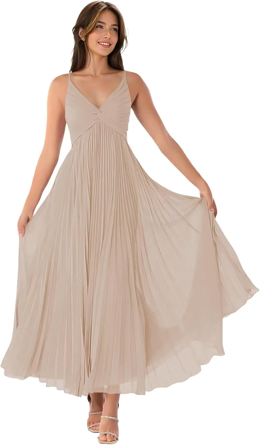 V-Neck Pleated Bridesmaid Dresses for Women Chiffon Spaghetti Straps Pleates Long Formal Wedding Guest Dress