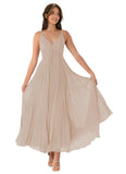 V-Neck Pleated Bridesmaid Dresses for Women Chiffon Spaghetti Straps Pleates Long Formal Wedding Guest Dress
