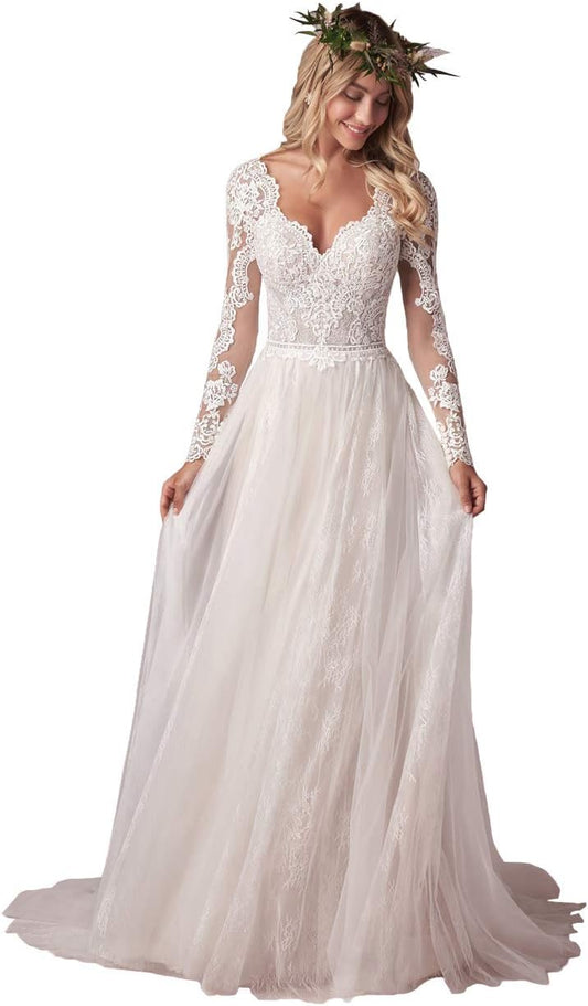 Women's Elegant Lace Beach Wedding Dresses for Bride 2025 with Sleeves Wedding Bridal Gowns