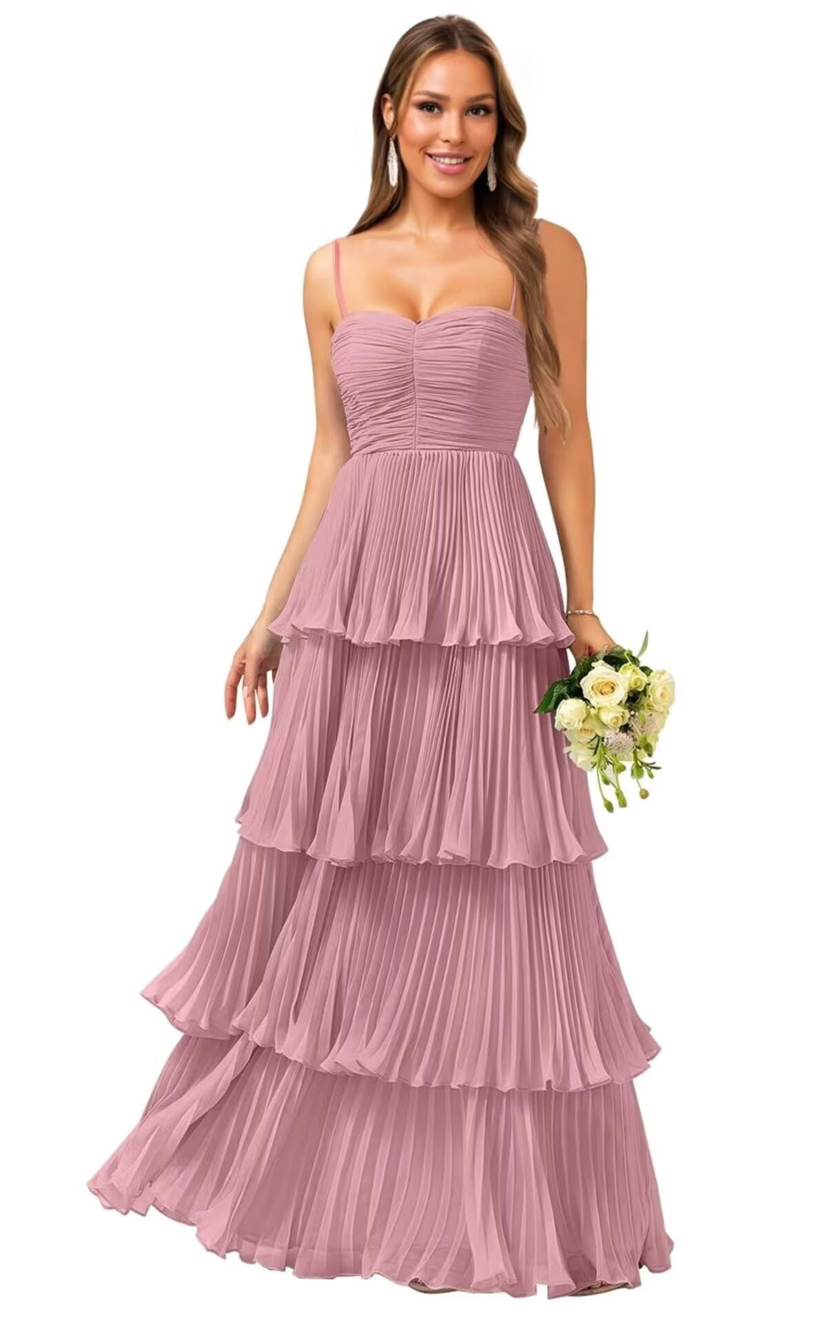 Tiered Ruffle Bridesmaid Dresses for Women Spaghetti Straps Long Chiffon Formal Evening Prom Gowns