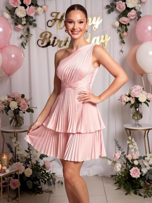 One Shoulder Satin Homecoming Dresses for Teens 2026 Short A-line Prom Dress Pleated Tiered Cocktail Party Gowns