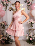 One Shoulder Satin Homecoming Dresses for Teens 2026 Short A-line Prom Dress Pleated Tiered Cocktail Party Gowns