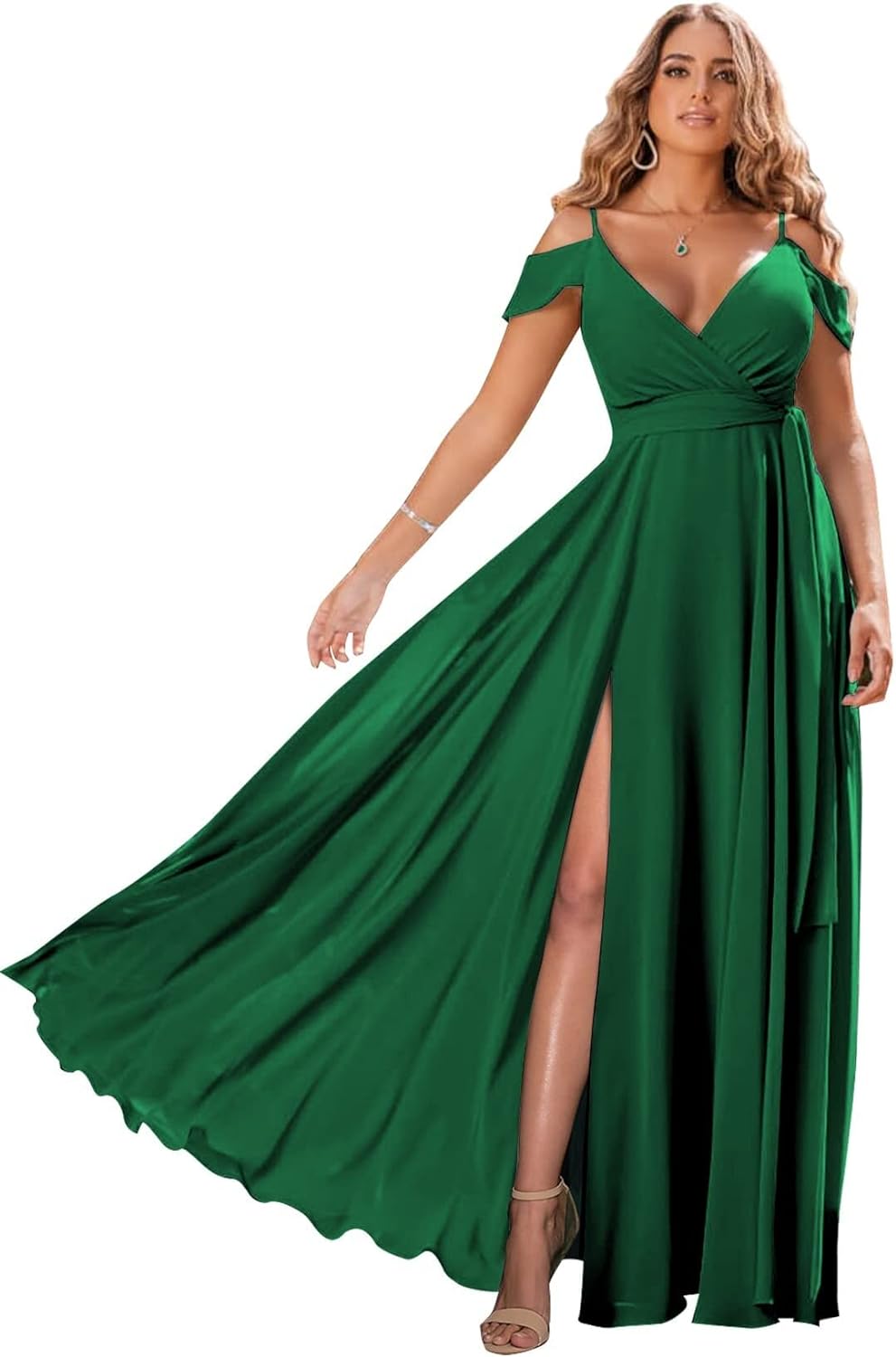 Schulterfreie Brautjungfernkleider 2025 für Frauen, langes Chiffon-Abendkleid mit V-Ausschnitt und Schlitz