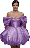 Off The Shoulder Short Wedding Dresses for Bride Puffy Satin Bridal Dresses w/Pockets Strapless Formal Ball Gowns