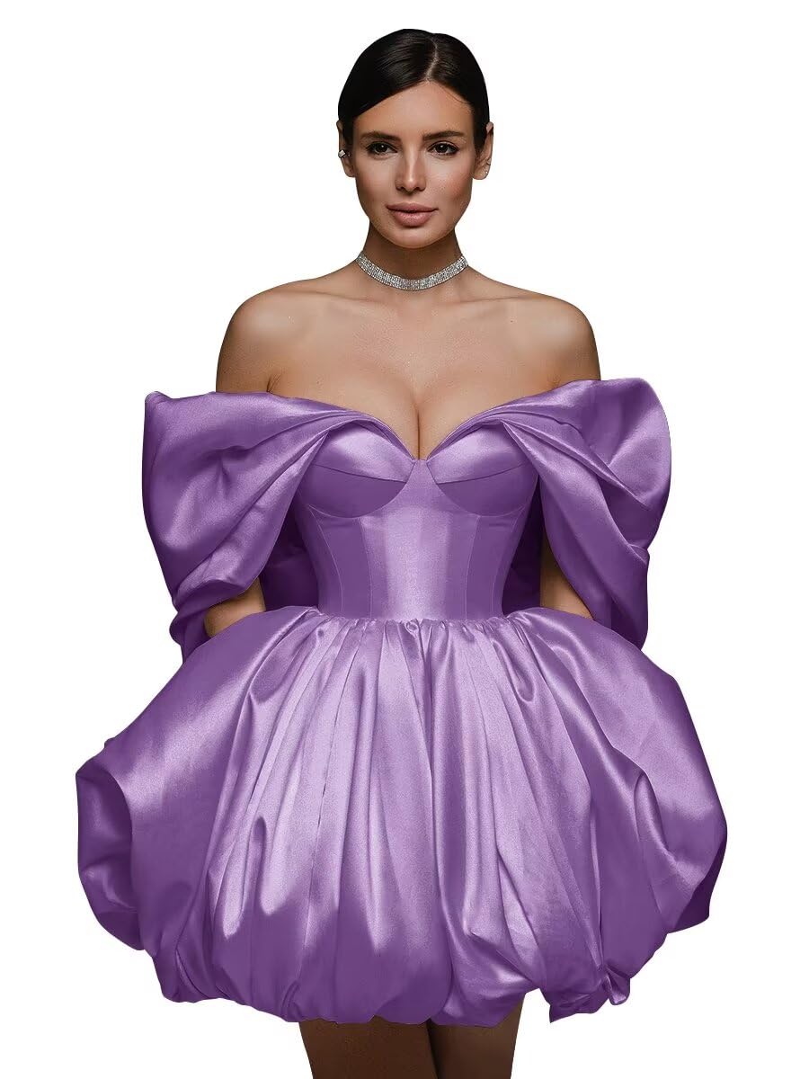 Off The Shoulder Short Wedding Dresses for Bride Puffy Satin Bridal Dresses w/Pockets Strapless Formal Ball Gowns