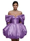 Off The Shoulder Short Wedding Dresses for Bride Puffy Satin Bridal Dresses w/Pockets Strapless Formal Ball Gowns