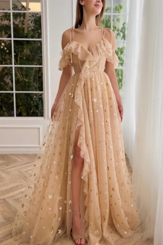 Tulle Cold Shoulder Long Sparkly Prom Dress Starry Ruffle Hem Slit Formal Party Dress Evening Gowns
