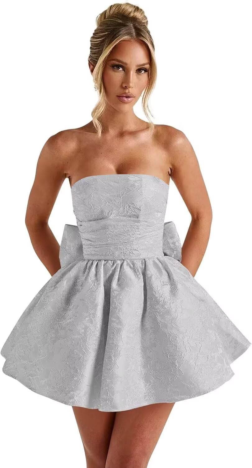 Strapless Satin Homecoming Dresses for Teens 2027 Jacquard A-line Short Prom Cocktail Gowns with Bow