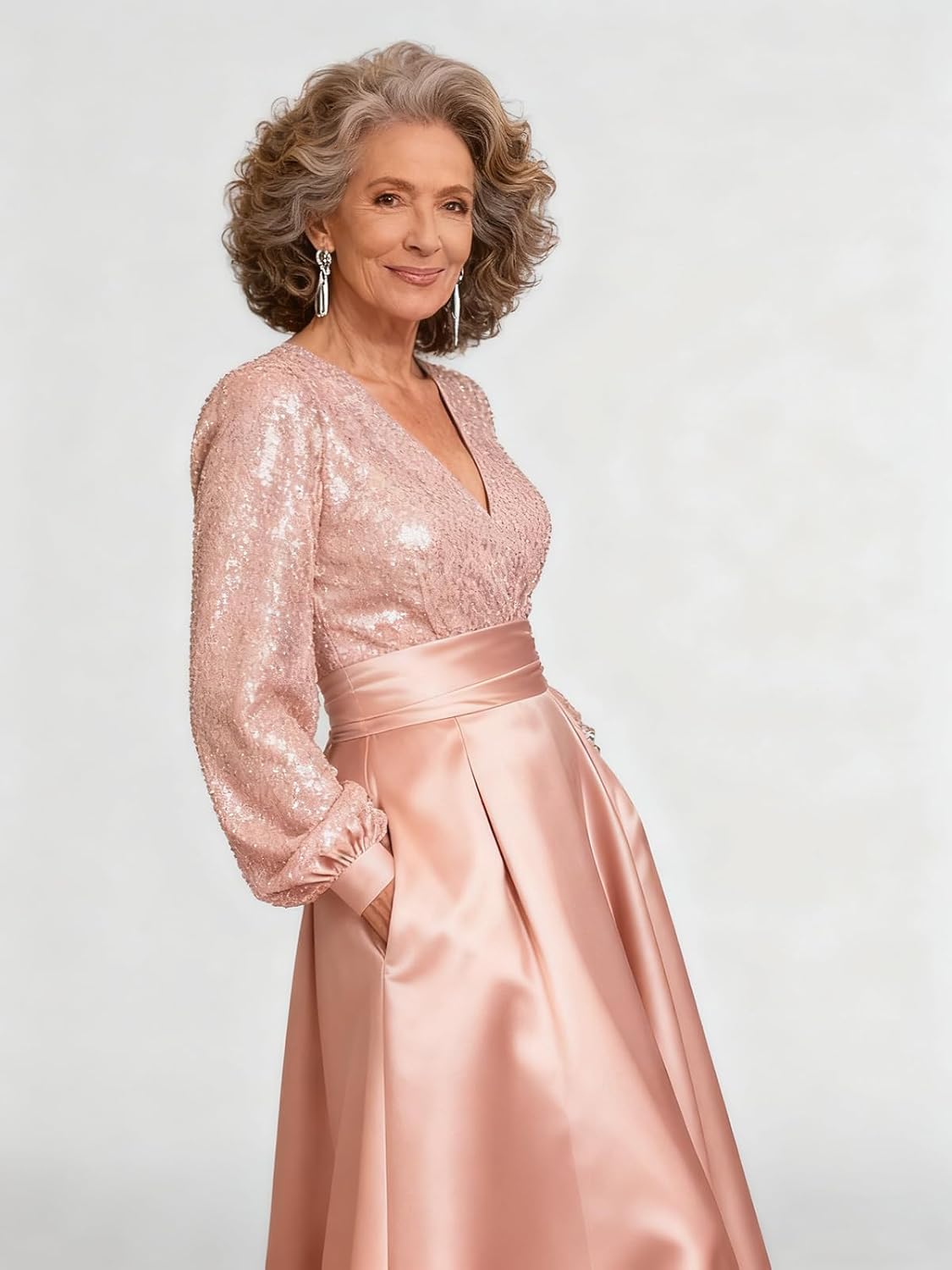Satin Mother of Bride Dresses Long for Women Sequin Long Sleeve Evening Gown with Pockets