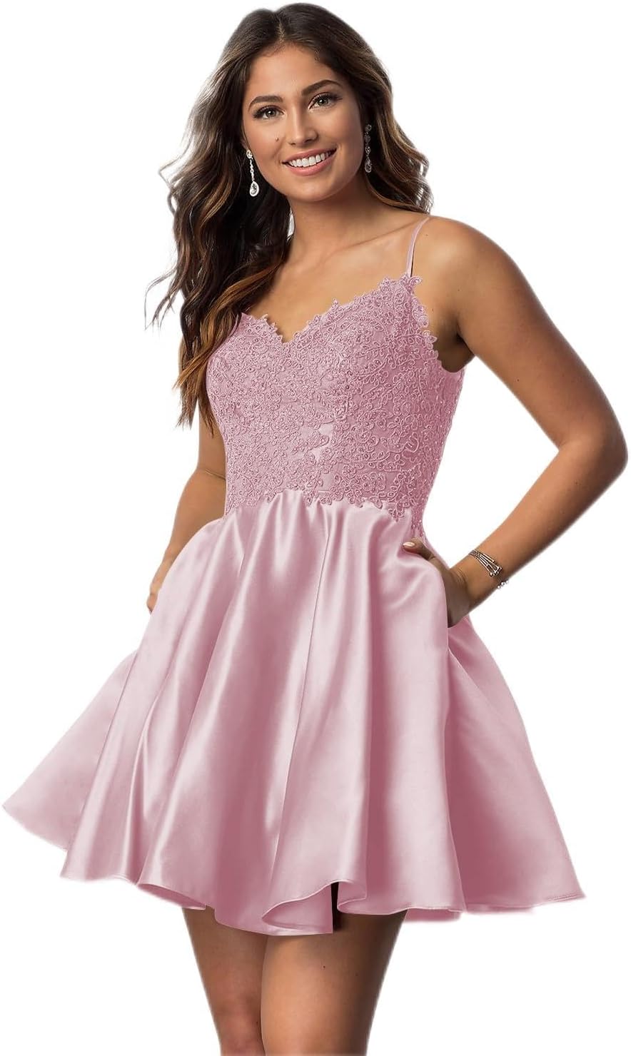 Vestidos cortos de fiesta con tirantes finos para jóvenes, con encaje, escote en V y bolsillos.