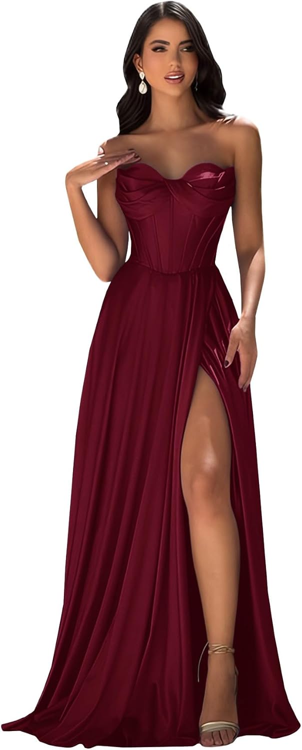 Strapless Prom Dress with Slit Satin A Line Long Ball Gowns for Women Sweetheart Corset Formal Dress with Pockets