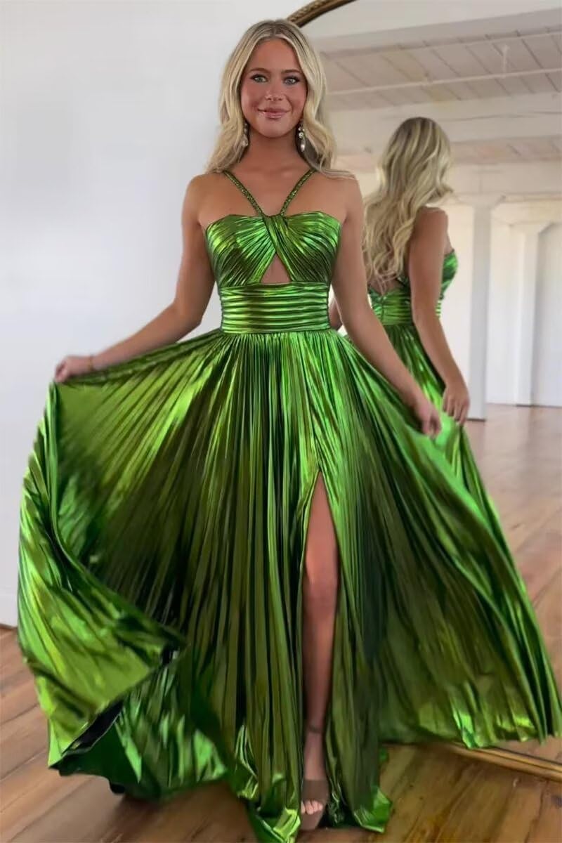 Vestido de fiesta de satén metálico brillante con abertura para mujer, vestido formal de noche plisado con cuello halter 