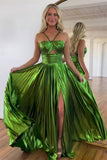Vestido de fiesta de satén metálico brillante con abertura para mujer, vestido formal de noche plisado con cuello halter 