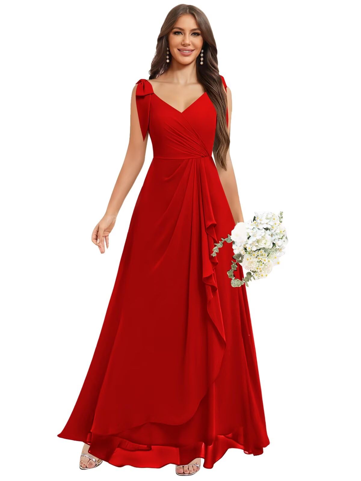 Chiffon Bridesmaid Dresses for Women Ruffles V Neck Flowy Long Formal Evening Dress with Bow