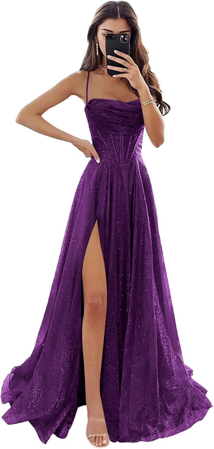 Women's Spaghetti Straps Glitter Tulle Prom Dress with Slit Cowl Neck Long Evening Formal Party Gown