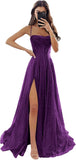 Women's Spaghetti Straps Glitter Tulle Prom Dress with Slit Cowl Neck Long Evening Formal Party Gown