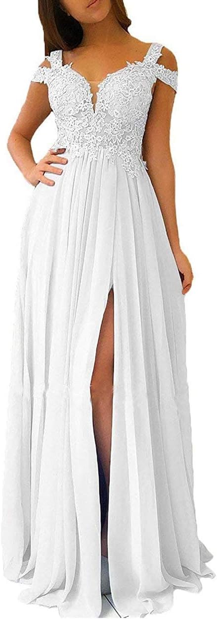 Women's Lace Appliques Prom Dresses Long with Slit Cold Shoulder Formal Party Gown