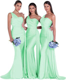 Women's One Shoulder Mermaid Bridesmaid Dresses Long Ruched Bodycon Satin Formal Prom Gowns