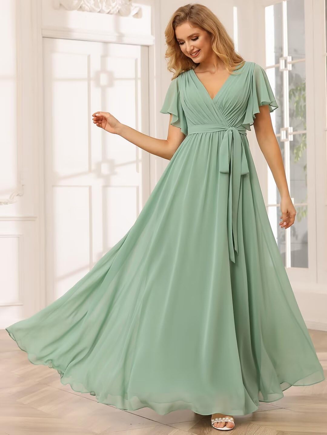 Damen Brautjungfernkleider mit Flatterärmeln, lang, mit Taschen, V-Ausschnitt, Chiffon, formelle Kleider 