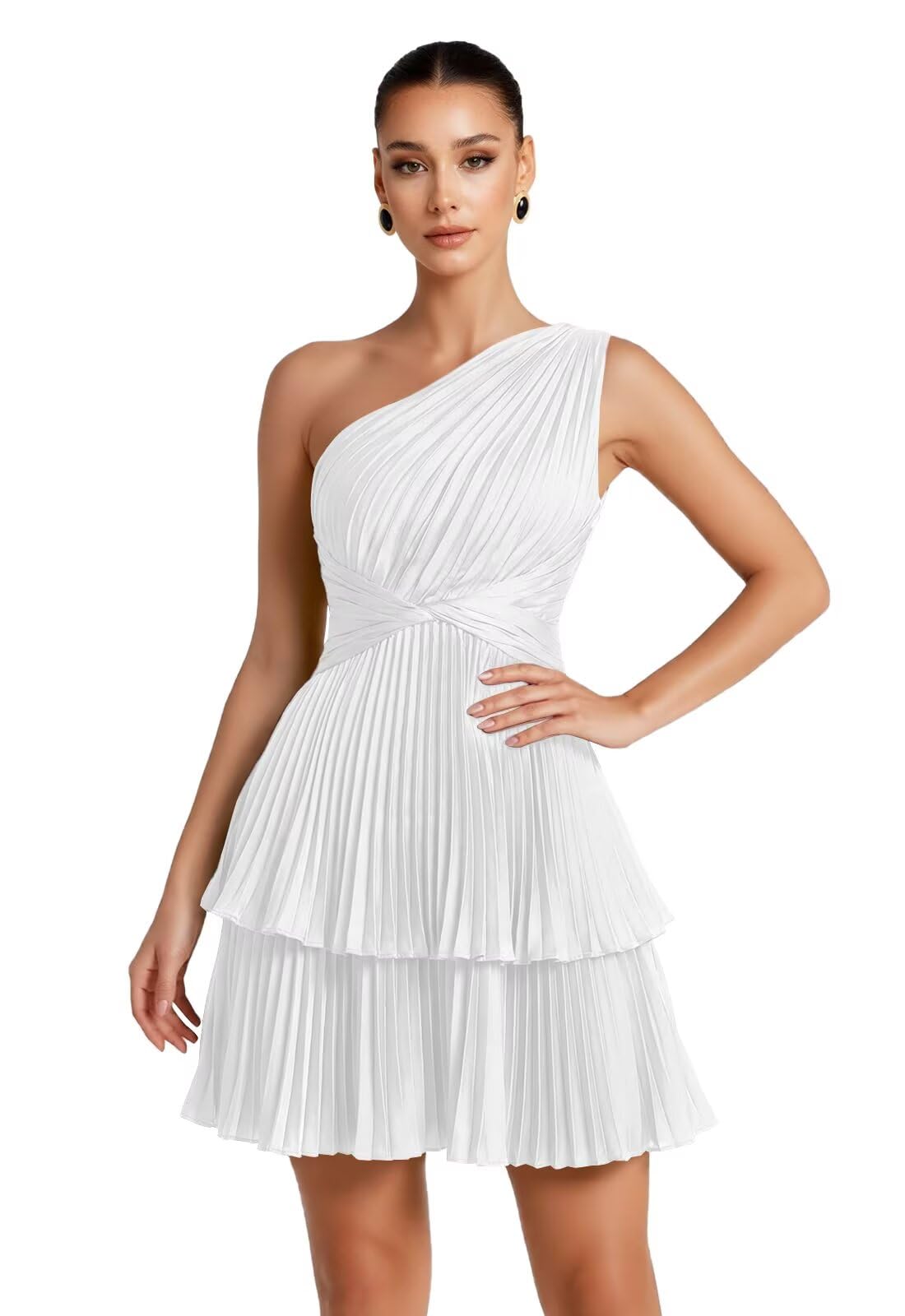 One Shoulder Satin Homecoming Dresses for Teens 2026 Short A-line Prom Dress Pleated Tiered Cocktail Party Gowns