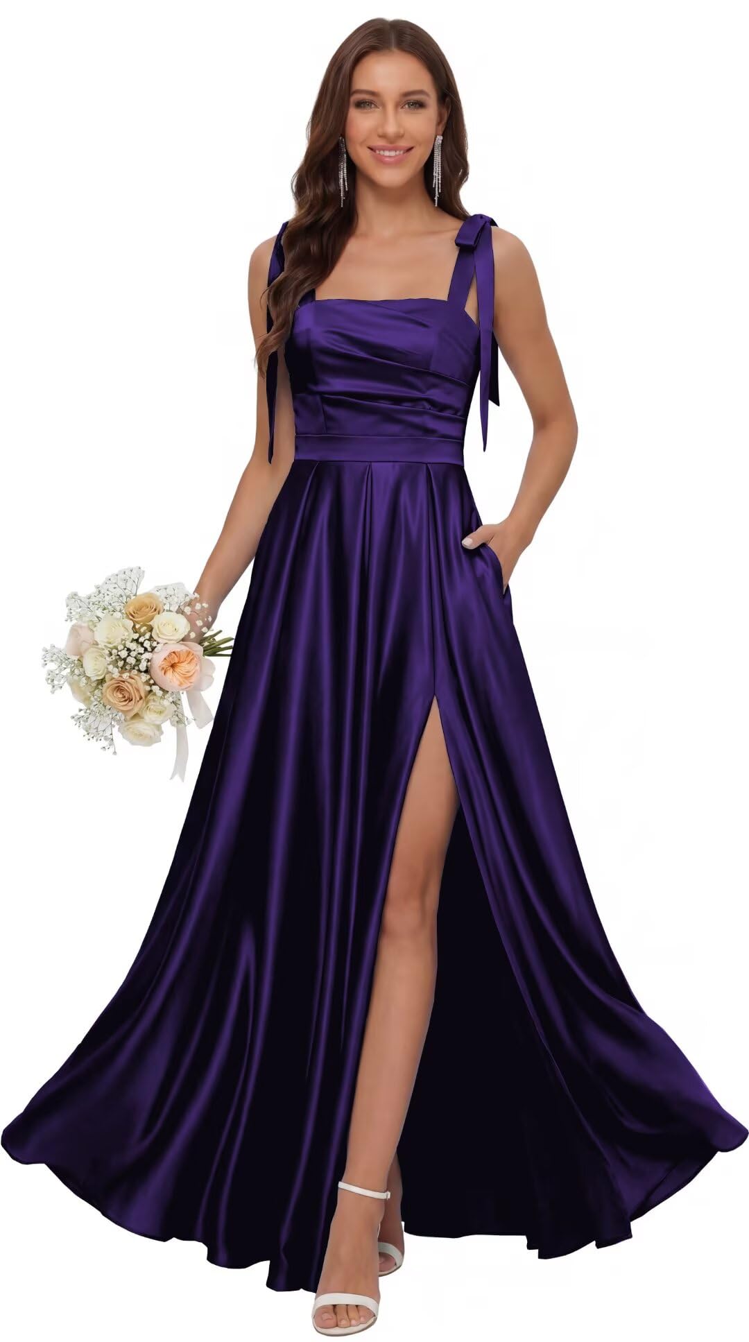 Satin Bridesmaid Dresses with Slit Spaghetti Straps Square Neck Long Formal Dress