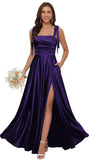 Satin Bridesmaid Dresses with Slit Spaghetti Straps Square Neck Long Formal Dress