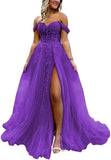 Off The Shoulder Tulle Prom Dress with Laces Applique A-line Slit Long Ball Gowns Glitter Formal Evening Dress