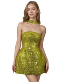 Strapless Sequin Homecoming Dresses for Teens Short Prom Dress Sparkly A-Line Cocktail Party Gowns with Pockets