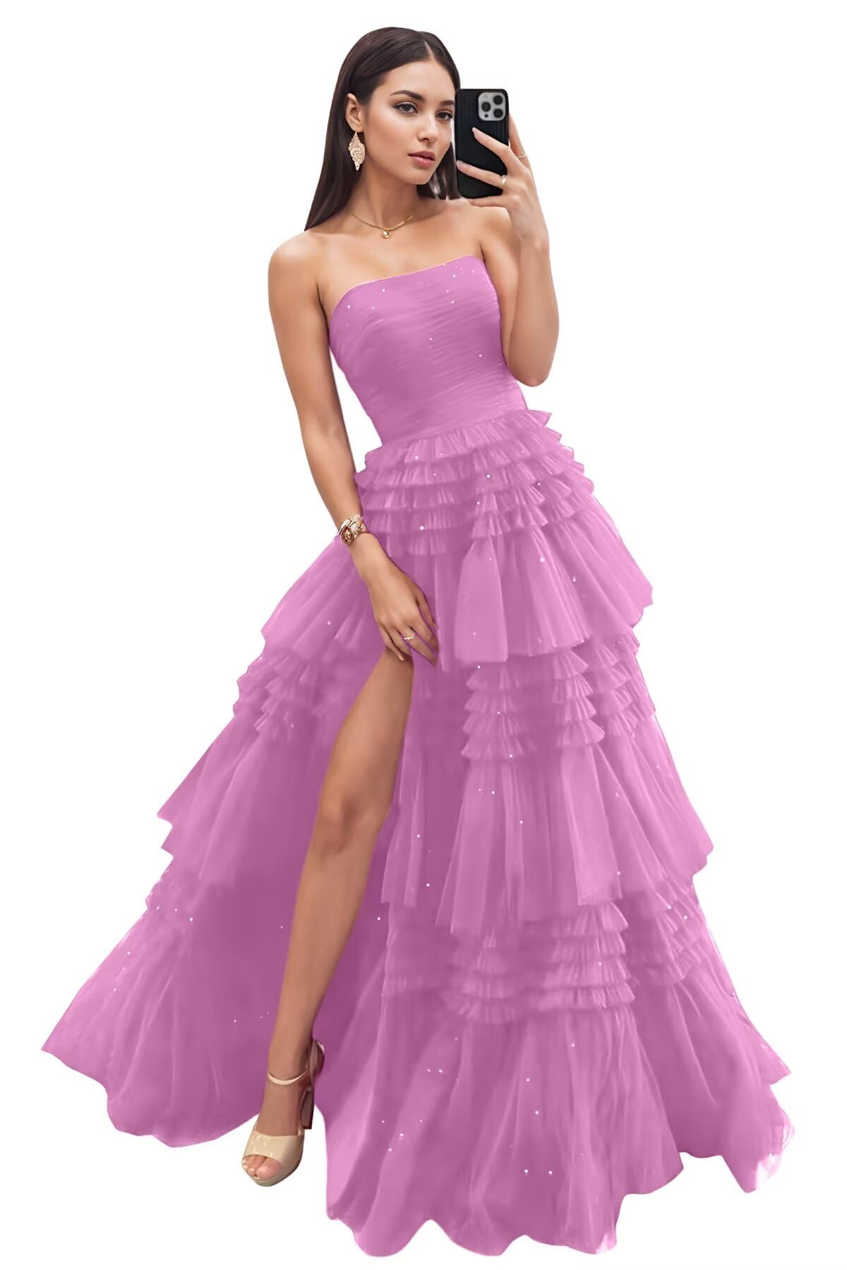 Strapless Tiered Tulle Prom Dresses for Women 2027 Long Sparkly A-Line Formal Evening Party Ball Gowns with Slit