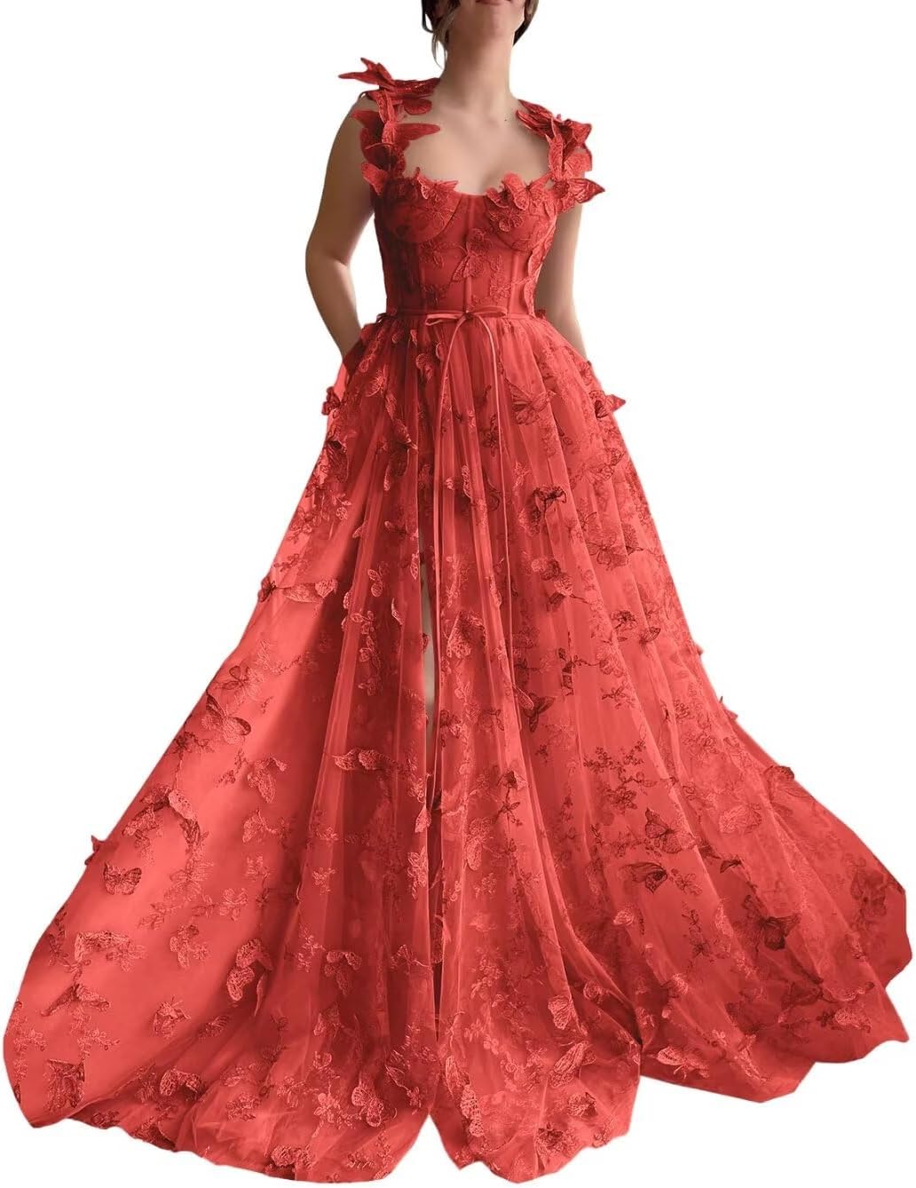 Vestidos de fiesta largos de tul con mariposas 3D para adolescentes, vestidos de fiesta formales de noche bordados con abertura 