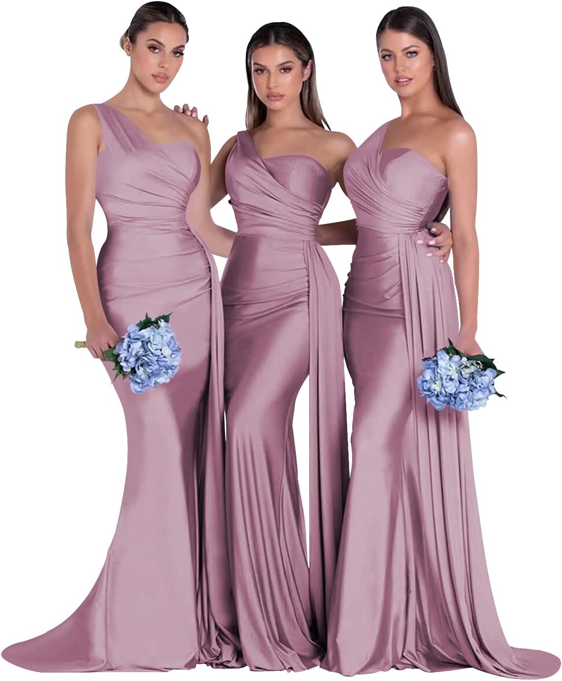 Women's One Shoulder Mermaid Bridesmaid Dresses Long Ruched Bodycon Satin Formal Prom Gowns
