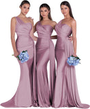 Women's One Shoulder Mermaid Bridesmaid Dresses Long Ruched Bodycon Satin Formal Prom Gowns