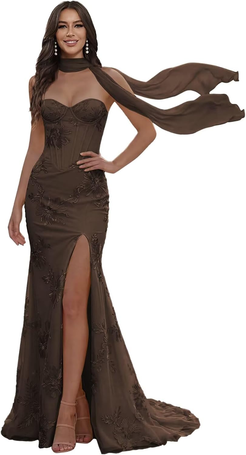 Floral Prom Dresses for Teens Strapless Mermaid Corset Tulle Formal Evening Gown with Slit Scarf