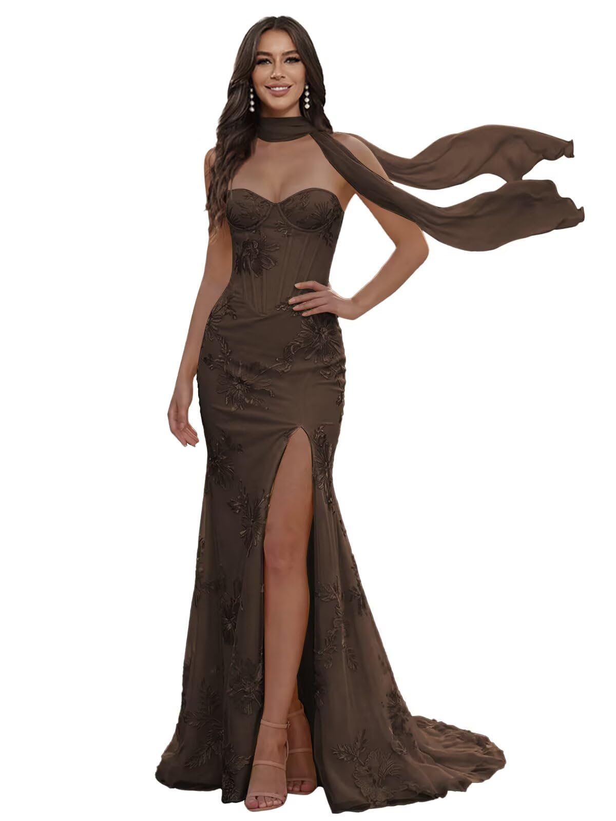 Floral Prom Dresses for Teens Strapless Mermaid Corset Tulle Formal Evening Gown with Slit Scarf