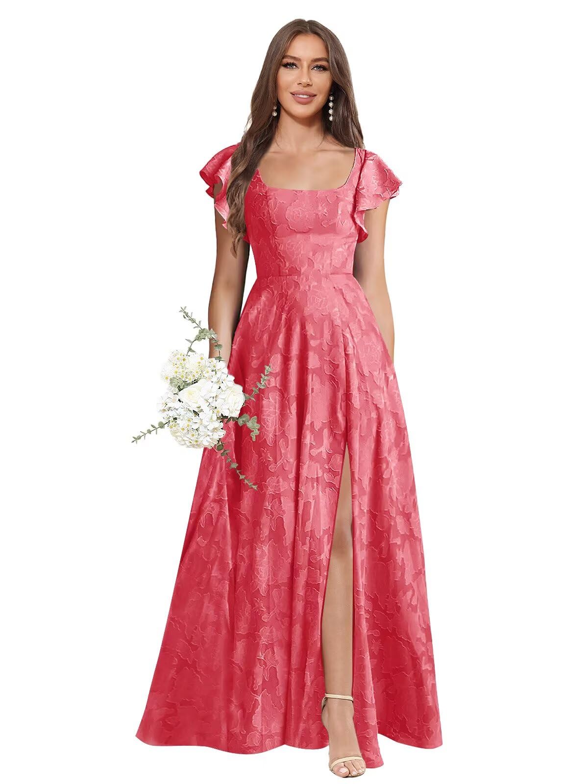 Floral Bridesmaid Dresses for Women Long A-Line Square Neck Lace Formal Evening Gown with Sleeves Slit