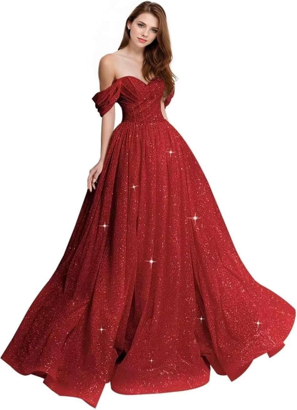 Sparkly Tulle Prom Dress 2026 Off The Shoulder Formal Dresses for Women Glitter A Line Long Ball Gown