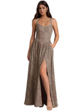 Jacquard Floral Lace Wedding Guest Dress Long Slit A Line Bridesmaid Dresses with Pockets Formal Gown