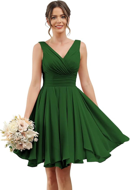 Double V Neck Short Bridesmaid Dresses for Women 2025 Chiffon A Line Formal Evening Gowns with Pockets
