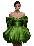 Off The Shoulder Short Wedding Dresses for Bride Puffy Satin Bridal Dresses w/Pockets Strapless Formal Ball Gowns
