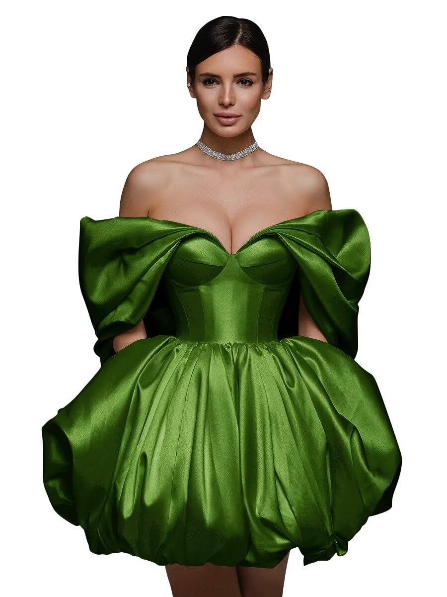 Off The Shoulder Short Wedding Dresses for Bride Puffy Satin Bridal Dresses w/Pockets Strapless Formal Ball Gowns