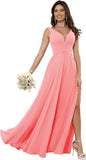 Vestidos de dama de honor sencillos de gasa para mujer con bolsillos, vestidos formales largos con escote en V y abertura 