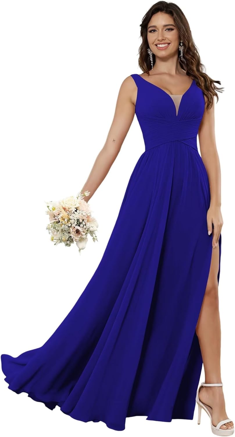 Vestidos de dama de honor sencillos de gasa para mujer con bolsillos, vestidos formales largos con escote en V y abertura 