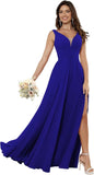 Vestidos de dama de honor sencillos de gasa para mujer con bolsillos, vestidos formales largos con escote en V y abertura 