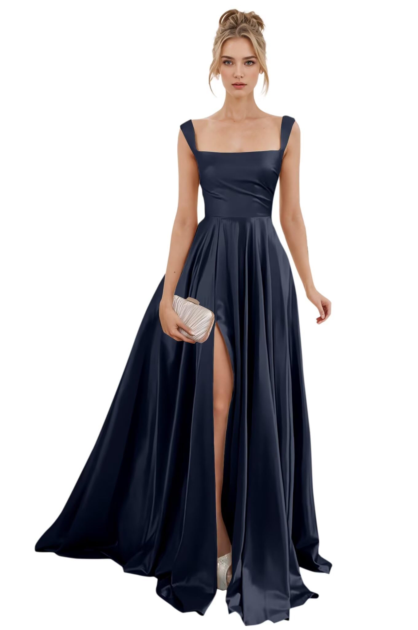 Spaghetti Straps Satin Bridesmaid Dresses for Women Long A-Line Square Neck Formal Evening Party Gown with Slit