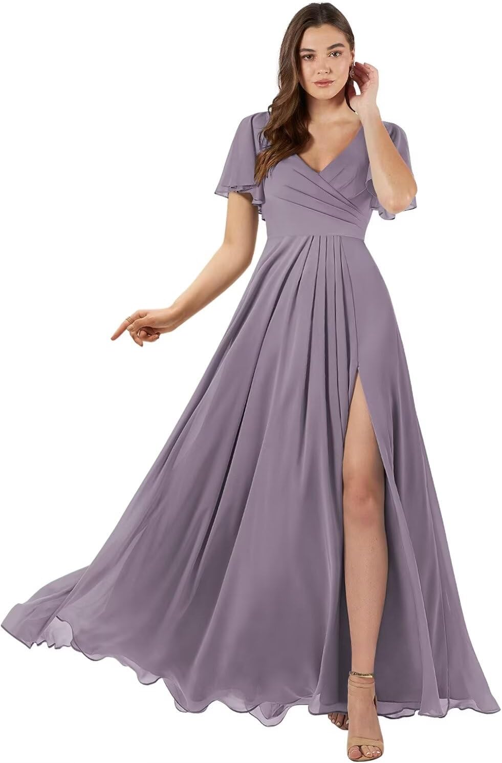 Damen Brautjungfernkleider mit Flatterärmeln, lang, mit Schlitz, V-Ausschnitt, Chiffon, formelle Kleider 