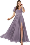Damen Brautjungfernkleider mit Flatterärmeln, lang, mit Schlitz, V-Ausschnitt, Chiffon, formelle Kleider 