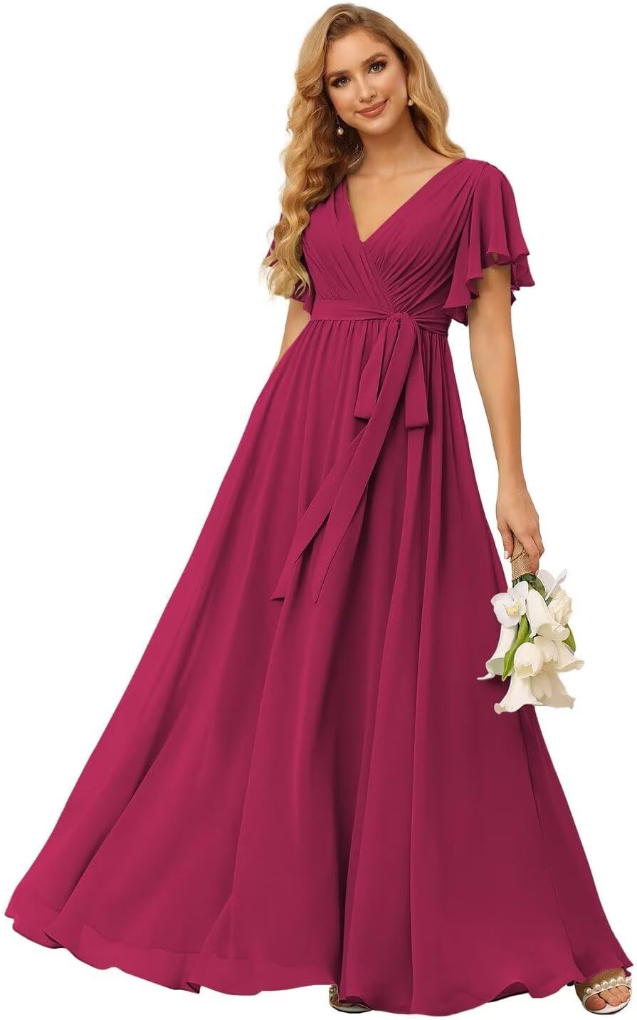 Damen Brautjungfernkleider mit Flatterärmeln, lang, mit Taschen, V-Ausschnitt, Chiffon, formelle Kleider 