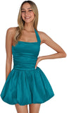 Satin Halter Homecoming Dresses for Teens Short Prom Dress 2027 Flower Bud Ruched Formal Cocktail Gown with Pockets