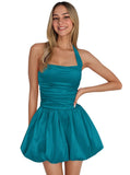 Satin Halter Homecoming Dresses for Teens Short Prom Dress 2027 Flower Bud Ruched Formal Cocktail Gown with Pockets