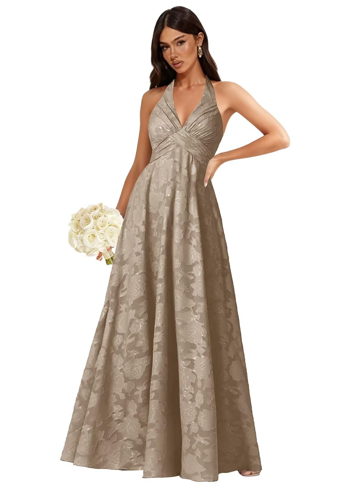 Floral Lace Bridesmaid Dresses for Women Long V Neck A-Line Open Back Halter Formal Evening Gown